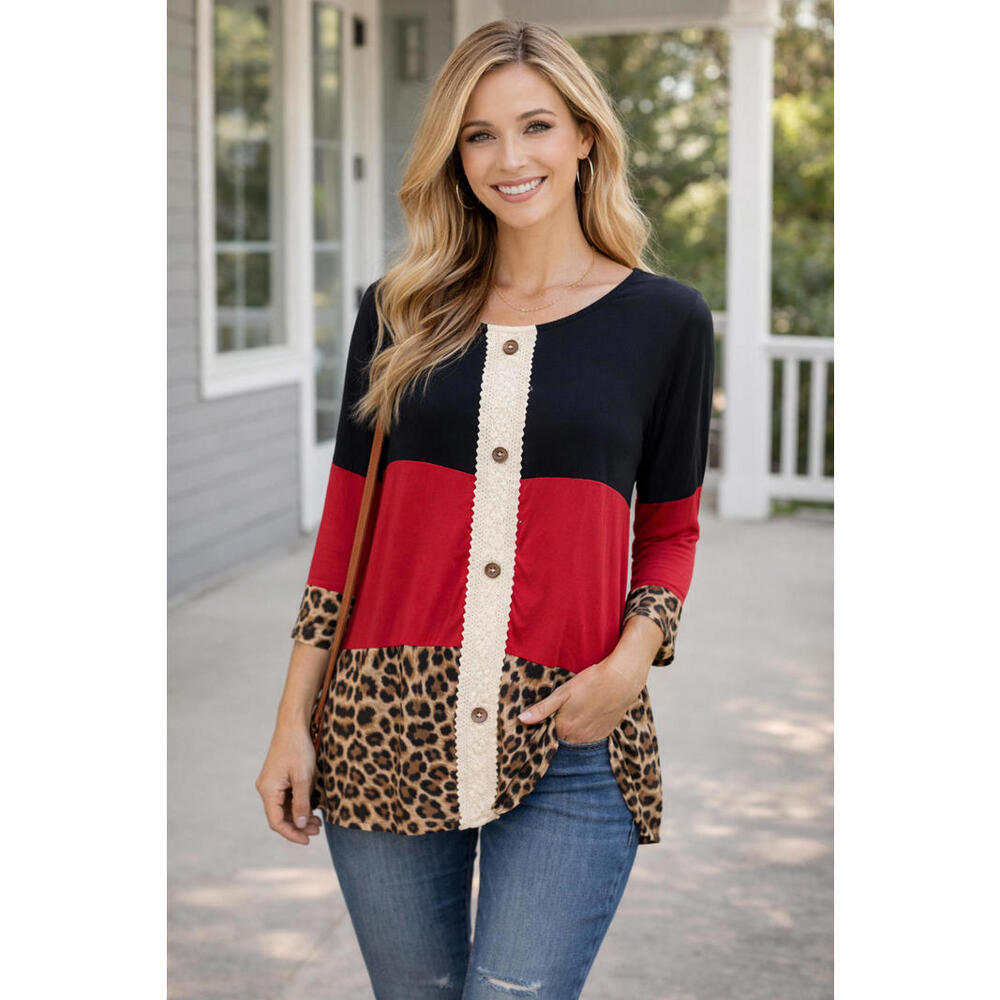 Womens XL Colorblock Top Black Red Leopard Lace Button Front PolyesterSpandex A9